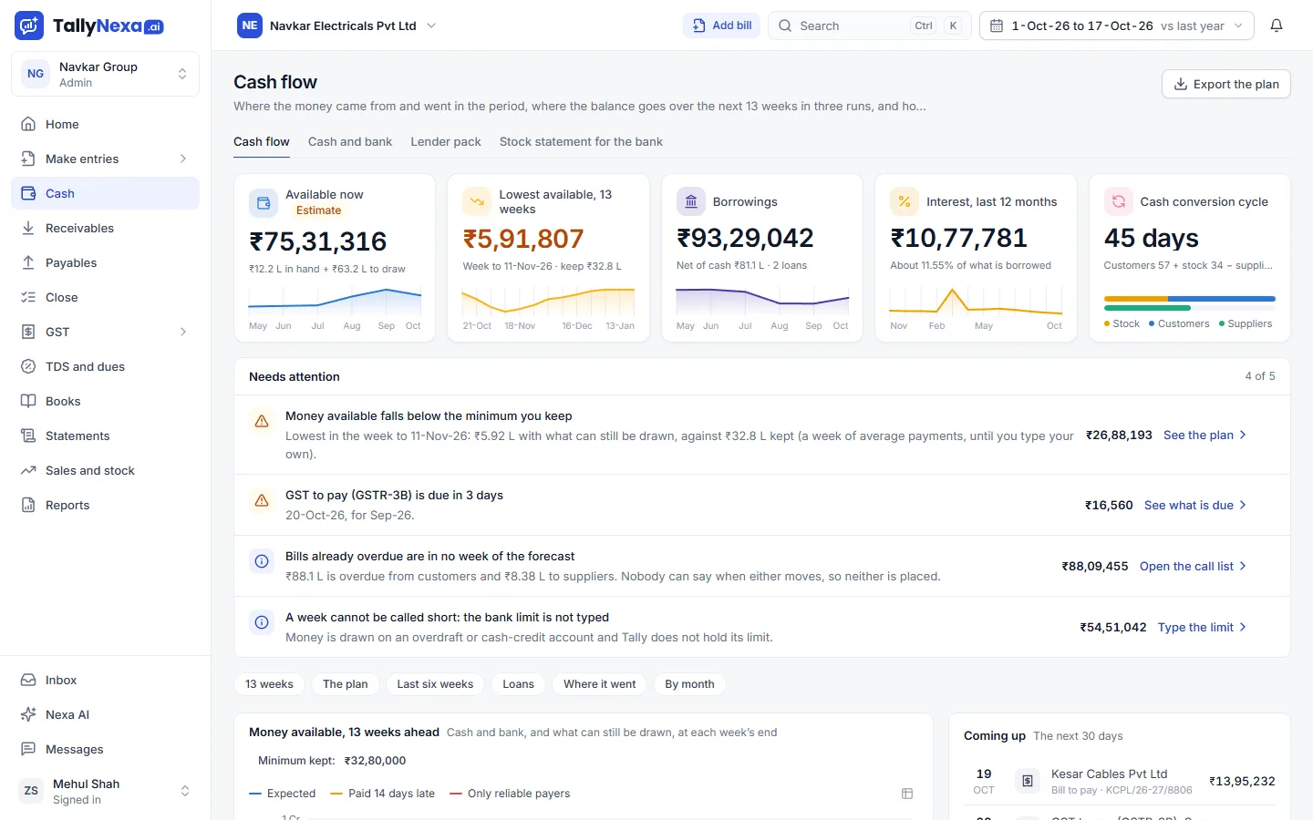 Cash flow plan in TallyNexa